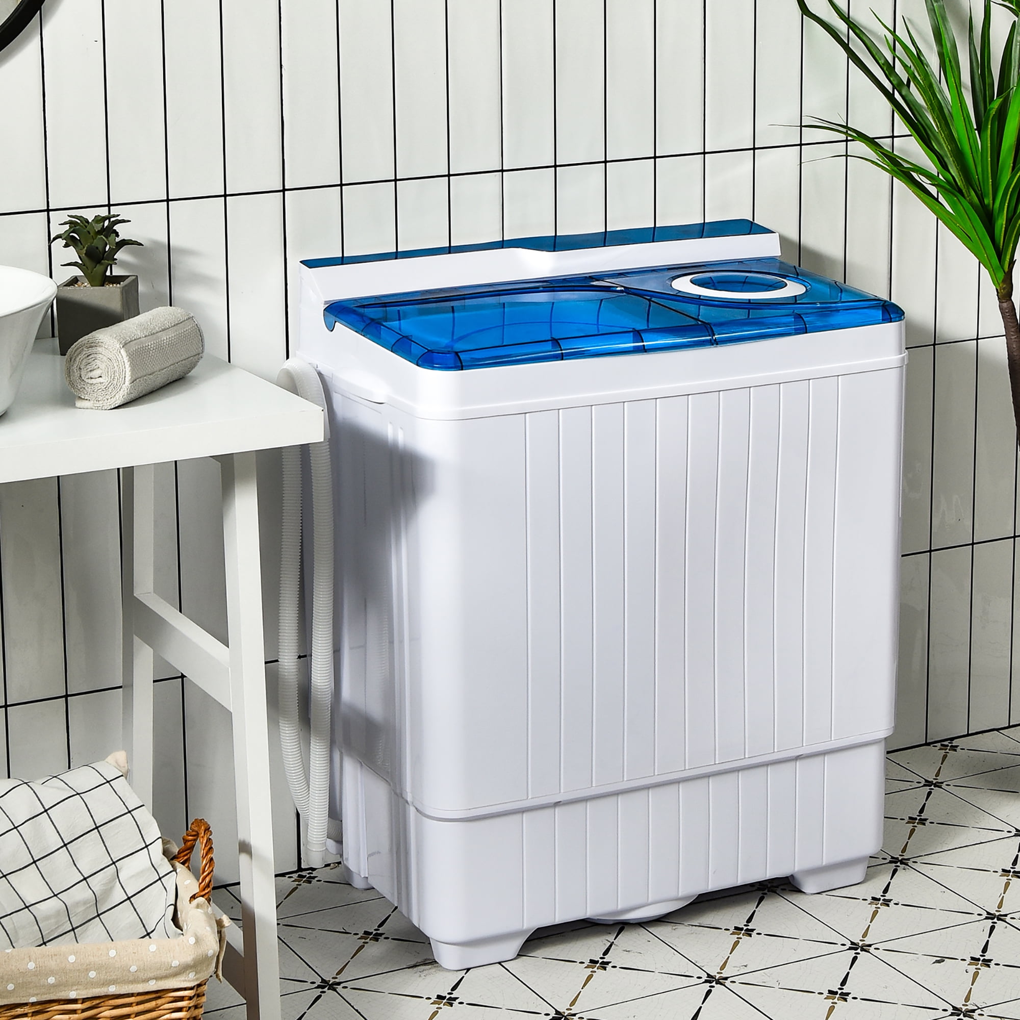 Costway 26lbs Portable Semi-Automatic Washing Machine w/Built-In Drain Pump Blue