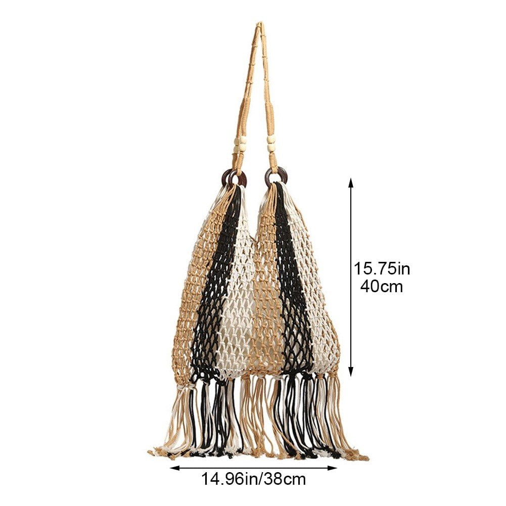 Jiibva Tassel Fishnet Women Shoulder Bags Rope Woven Crochet Tote Bag Lady Handbags Hollow Summer Beach Bag Large Bohemian Bag