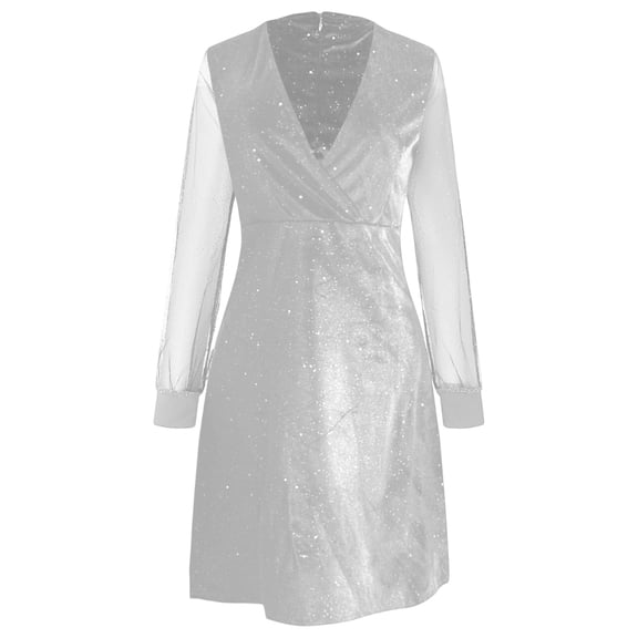 DHFJKG Formal Dresses Women Glitter Party Mini Dress Mesh Sheer Long Sleeve V Neck Sexy Evening Gown Flared Hem A Line Stylish Dresses
