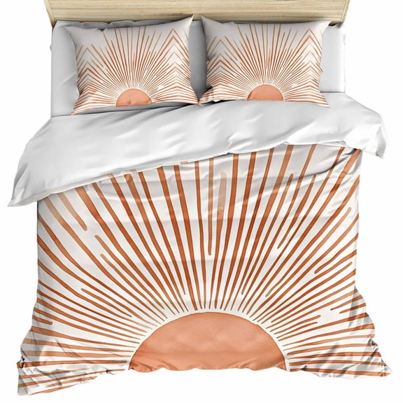 Boho Abstract Sun Bedding 3 Piece Duvet Cover Set Queen Size, Modern Beige Sun Light Lines Soft Microfiber Comforter Cover with Zipper Closure & Pillowcases, Wrinkle & FadeResistant Quilt Cover