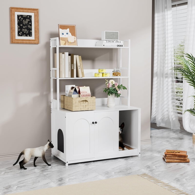 TROPOW 52" Large Cat Litter Box Enclosure Furniture with Shelves, Wood Grain Hidden Cabinet for Most Litter Boxes, Dog-Proof Kitty Litter Cabinet with Scratch Mat, Modern Pet Furniture