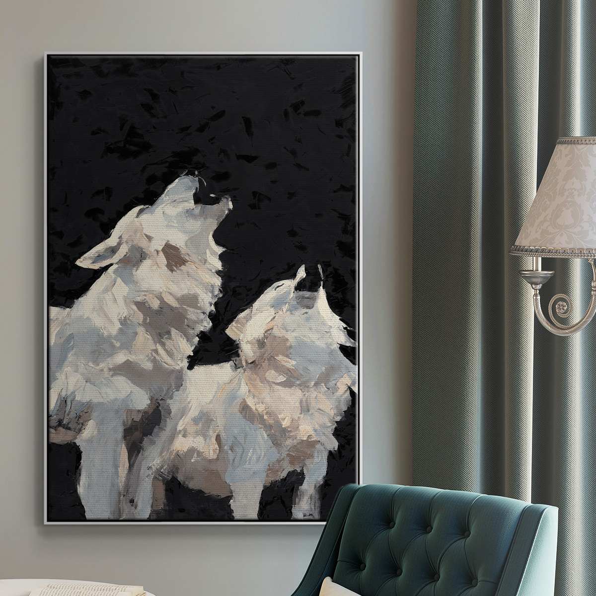 Midnight Wolves Framed Premium Gallery Wrapped Canvas - Ready to Hang - 17 x 25 - White Floating Frame