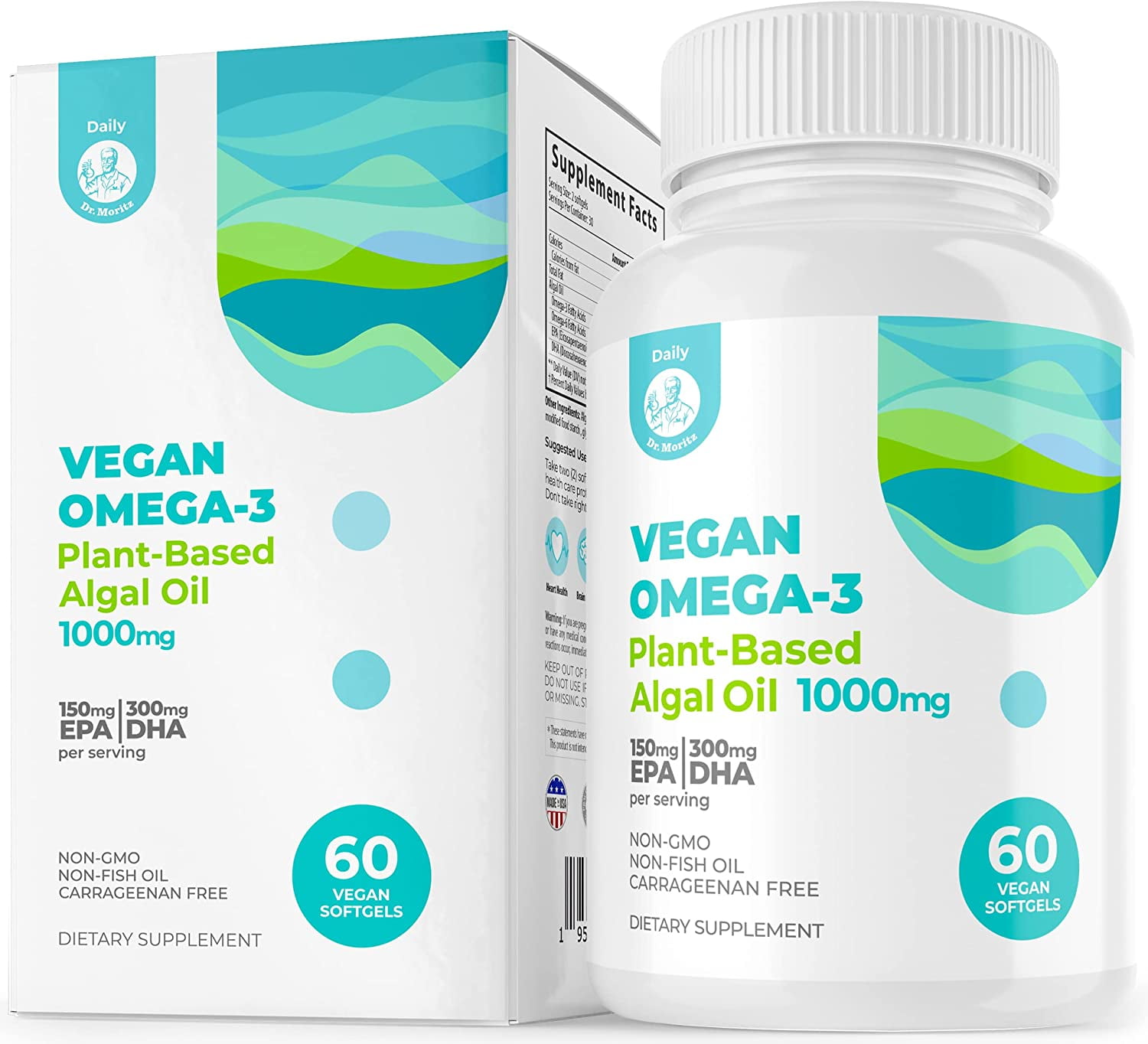 Vegan Omega 3 DHA & EPA Supplement 60 Softgels of Algae Omega3 Fatty