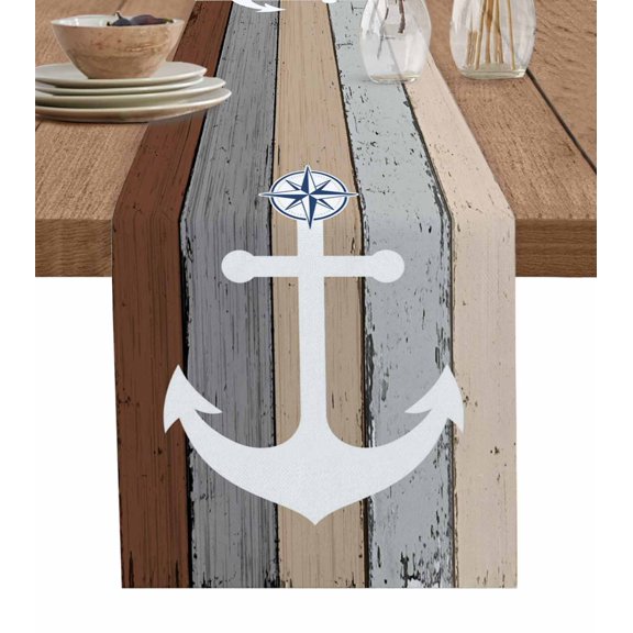 Grey Beige Anchor Coastal Table Runner 72 Inches, Nautical Vintage Art Wooden Bed Runner Dresser Scarves Tabletop for Indoor Outdoor Parties/Ceremony/Banquet, 14" x 72"