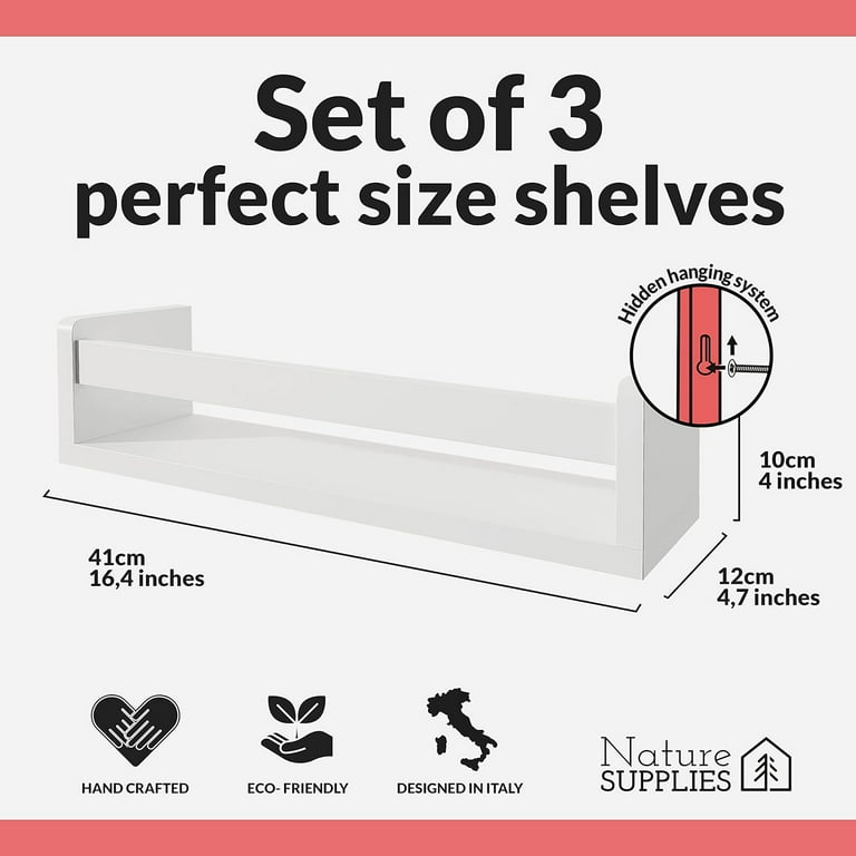 Nature Supplies Set of 3 White Mounted Wall Bookshelves for Kids