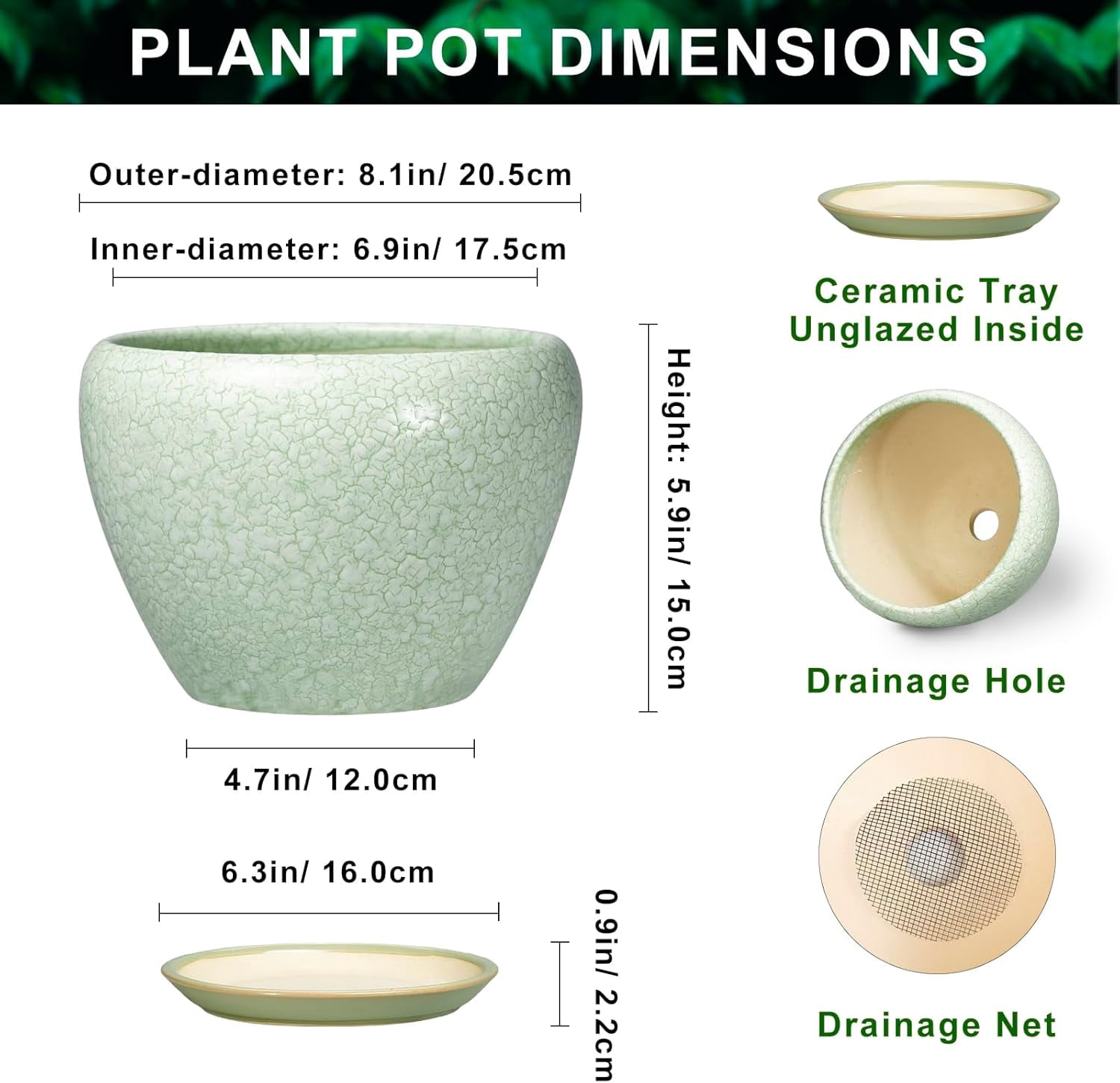 Ceramic Planter - 8 Inch Plant Pot with Drainage Hole and Saucer, Indoor Planters for Indoor Outdoor Plants, Decorative Flower Pots, Office Decor, Plant Lover Gifts, Crackle Light Green