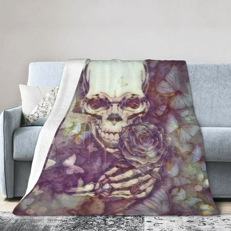 DouZhe Ultra-Soft Micro Fleece Lightweight Flannel Bed Blanket, Skull Butterflies Rose Print Cozy Warm Throw Blankets, 60"x50"