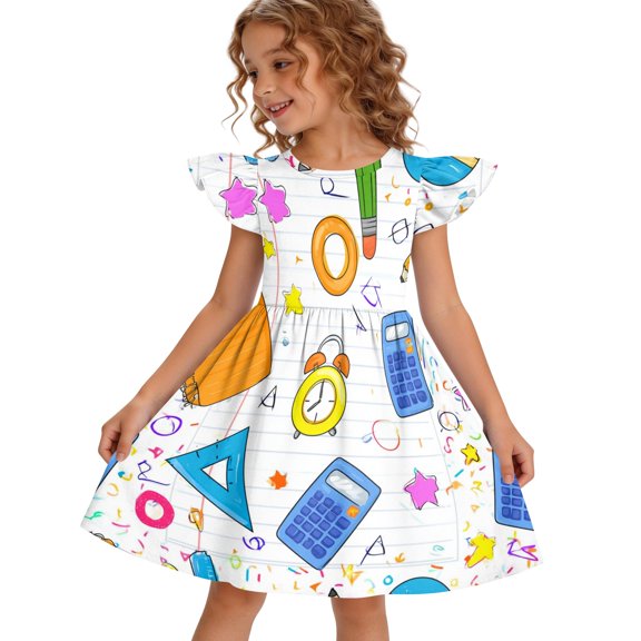 Grblisyd Dresses for Girls Back to School Pencil School Bus Print Dress Summer Flutter Sleeve A Line Dresses Outfits 7-8T