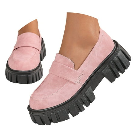 Dakaela Women s Platform Loafers Chunky Heeled Business Casual Shoes Formal Slip on Flats Red 8.5