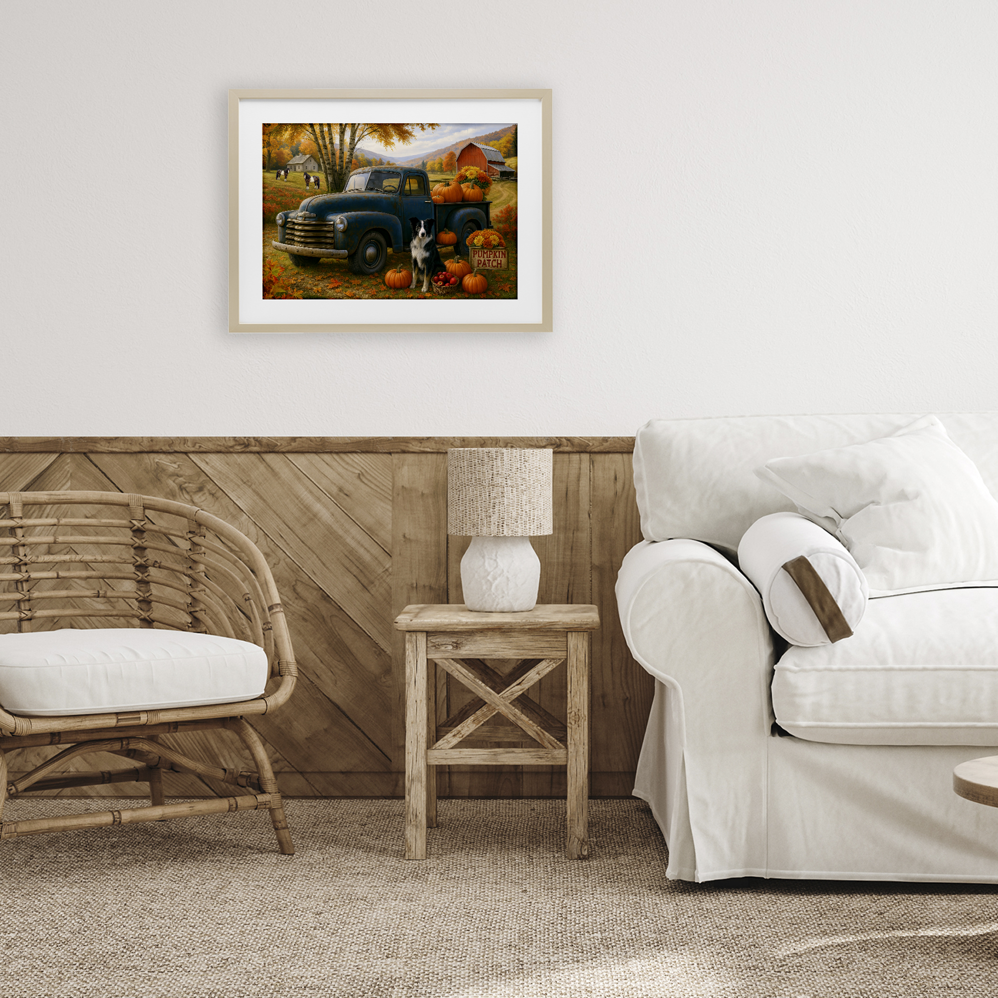 Autumnal Farmland Collie Dog Birch Framed Print Under Glass, design by Tom Crehan