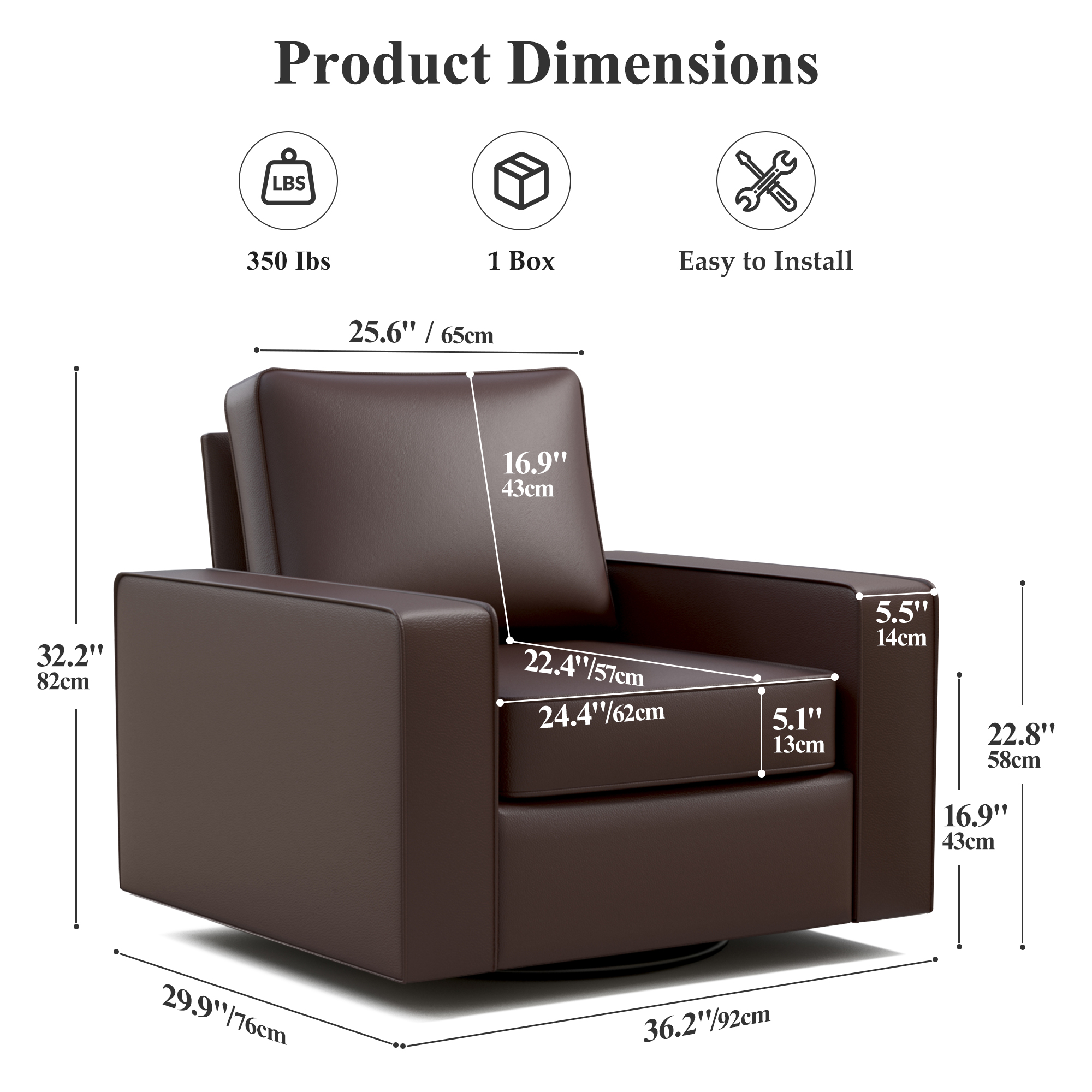 COOLHUT 360° Swivel Accent Chair Set of 2, 36.2" Wide PU Leather Accent Chair Armchair, Comfy Upholstered Single Sofa Chair for Living Room and Bedroom, Dark Brown