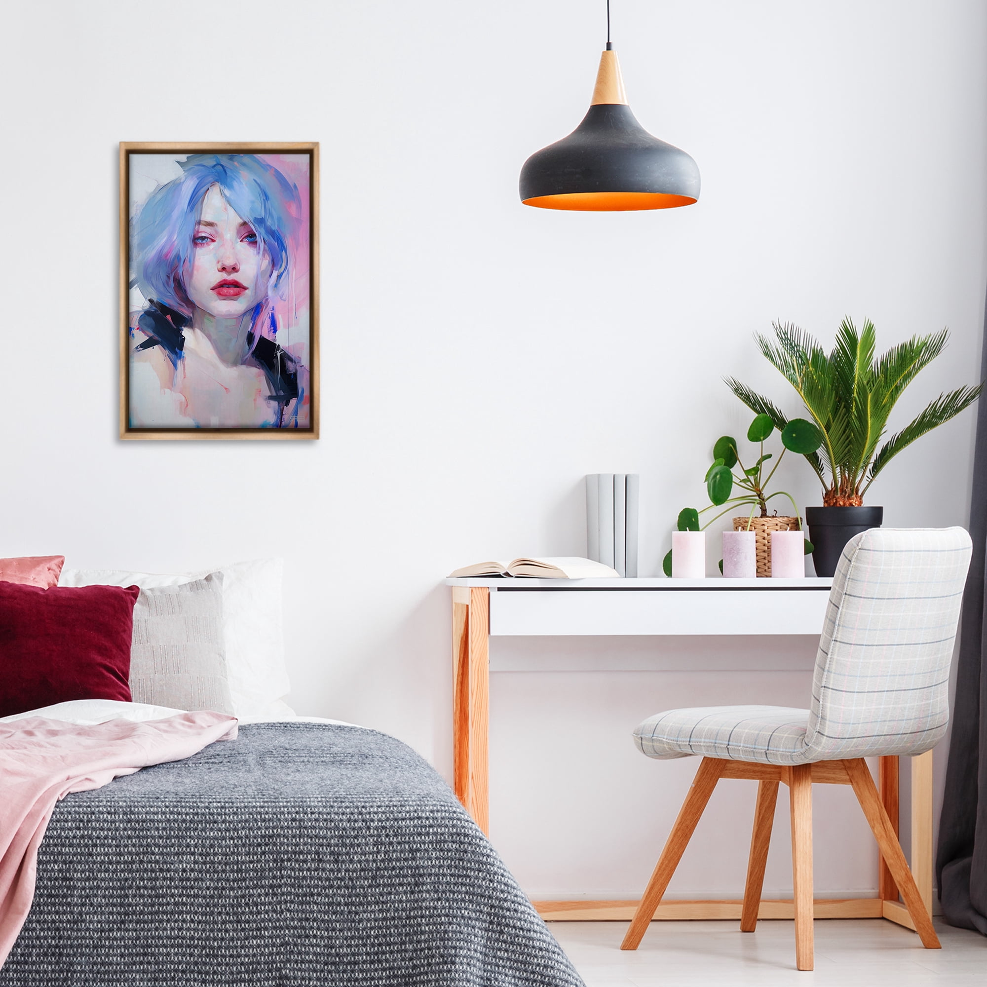 Stupell Industries Blue Haired Woman Visage Novelty Painting Brown Floater Framed Art Print Wall Art, 17 x 25
