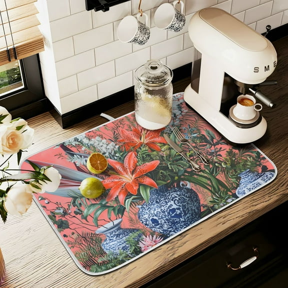 Yayeee Dish Drying Mat for Kitchen Counter 16" x 18" Microfiber Super Absorbent Coffee Decorative Pad, Orange Vibrant Flowers