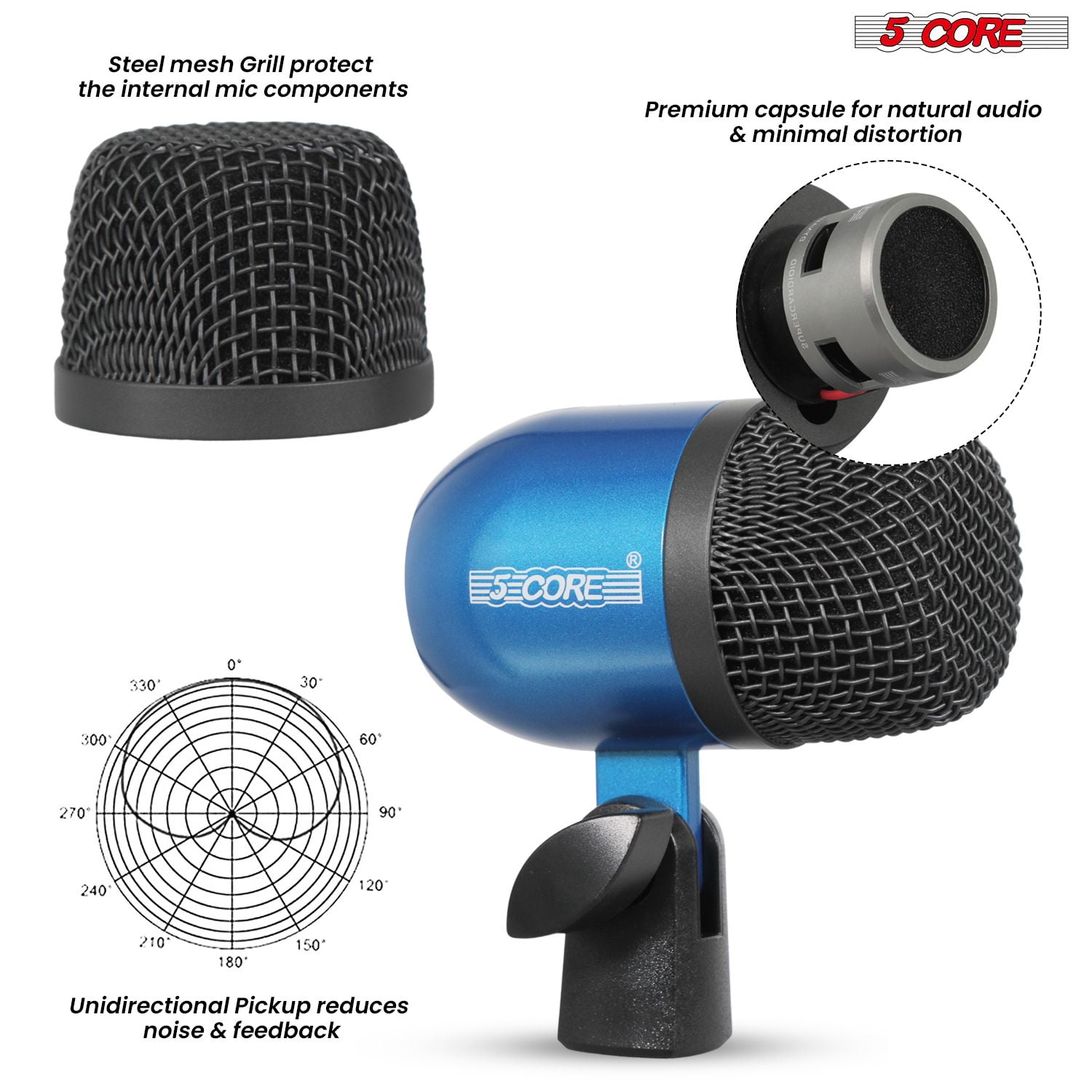 7-Piece All-Metal Drum Microphone Kit for Tom, Snare & Cymbals, Professional Wired Instrument Mics for Studio & Live Performance