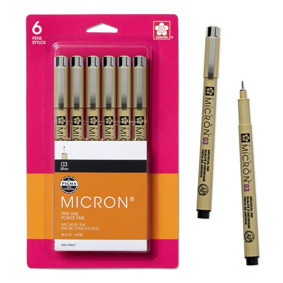 Sakura Pigma Micron Fineliner Pens, Archival Black, 03 Tip Size, 6 Pk