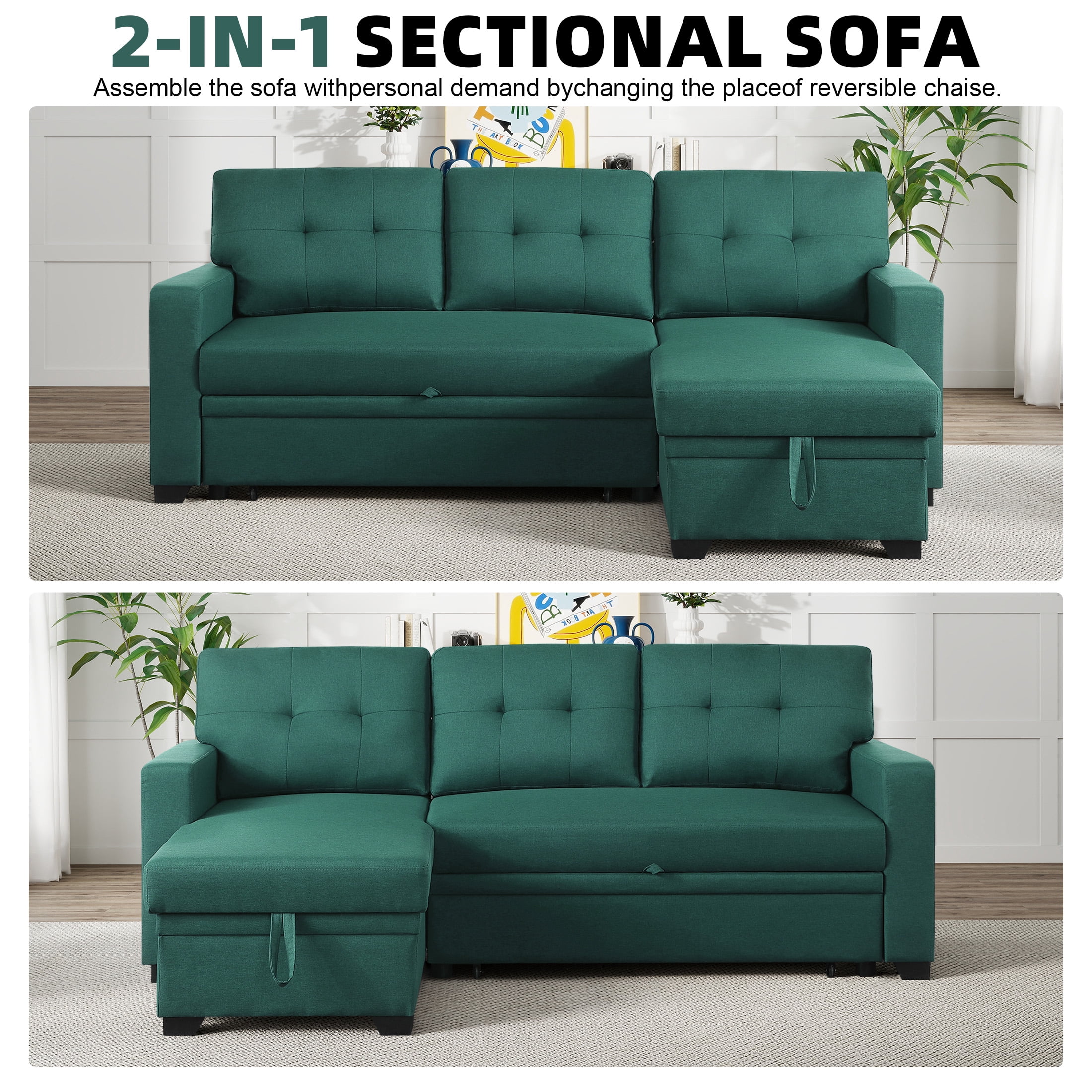 Aukfa Premium Pull-Out Sleeper Sofa Bed with Storage Chaise, Contemporary 3-Seater Couch for Living Room, Green