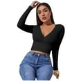 thumbnail image 4 of RQYYD Women's Deep V Neck Long Sleeve Cross Wrap Front Crop Tops Casual Slim Knitted Pullover Sweater Ribbed Short Tops Black XL, 4 of 9