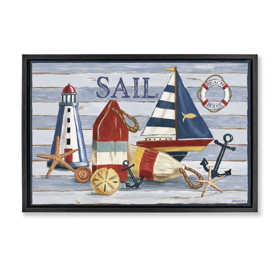 Stupell Industries Modern Striped Nautical Still Life Black Floating Frame Canvas Art, 25 x 17, by Jennifer Brinley rep. Levison Designs