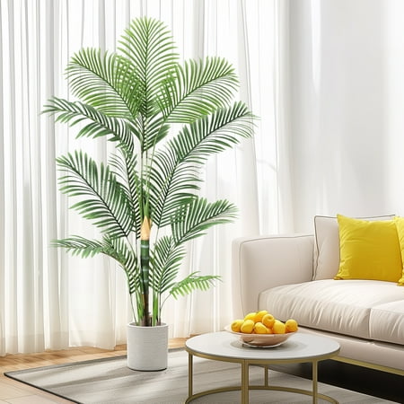 Ataucjin 6FT 1PCS Artificial Palm Tree Fake Golden Cane Palm Tree UV Resistant Faux Plant In Pot With Realistic Trunks And Lifelike Palm Leaves For Home Office Decor Indoor Ourdoor