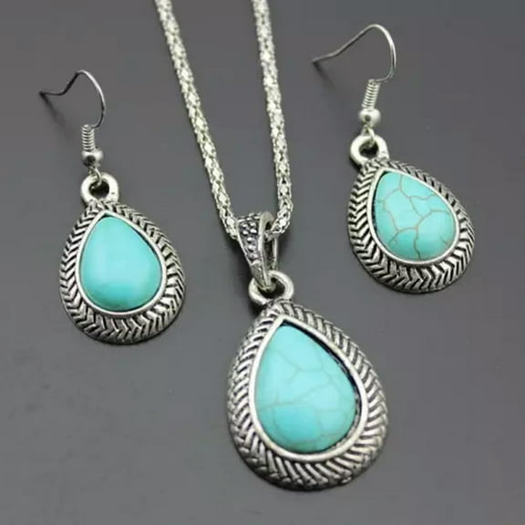 QQTDFG Retro 925 Silver Turquoise Women Wedding Jewelry Earrings Necklace Set Gifts-#3