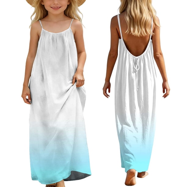 Vestido sin mangas de cuello redondo para niñas, moda para niñas, lindo vestido largo con tirantes sueltos y cordón en la espalda con degradado de color