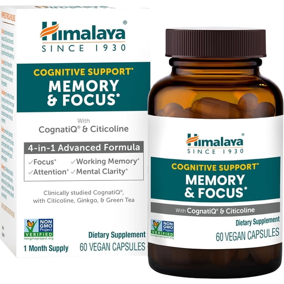Himalaya Memory & Focus, Herbal Supplement, Supports Cognitive Function, Attention and BDNF, Vegan, Gluten Free, Citicoline and CognatiQ®, 60 Capsules