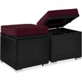 thumbnail image 1 of JJUN Set of 2 Wicker Ottomans, Multipurpose Outdoor Furniture for Patio, Backyard, Additional Seating, Footrest, Side Table w/Storage, Removable Cushions - Deep Burgundy/Black, 1 of 15