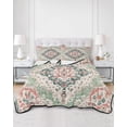 thumbnail image 3 of Green Pink Boho Floral Queen Size Down Alternative Comforter,Lightweight Comforter Quilt Bedding Set with Pillow Shams Southwestern Ethnic Flowers Retro All Seasons Bed Comforter Duvet Insert 90"x96", 3 of 7
