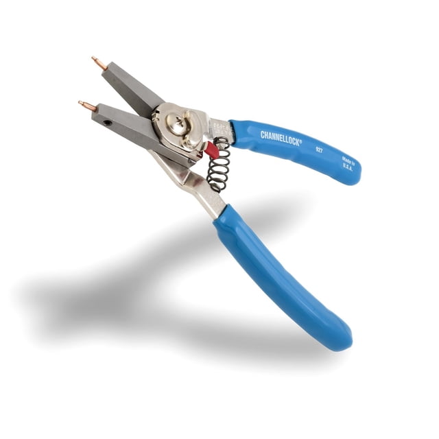 CHANNELLOCK 8" Retaining Ring Plier with blue ergonomic grips, metal jaws with copper interchangeable tips, a heavy-duty return spring to reduce hand fatigue, and a quick conversion tab for switching between internal and external snap rings.