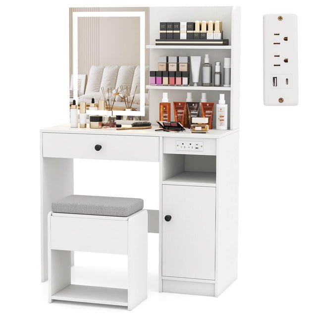 Costway Vanity Desk Set with Mirror & Lights Power Outlet Cushioned Stool Drawer & Shelves White