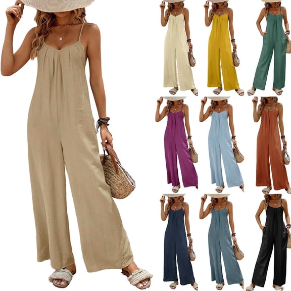 AHTJRT Women's Casual Jumpsuits Summer Sleeveless Baggy Loose Jumpsuit Thin Shoulder Straps Long Pants Rompers with Pockets Beige XXL