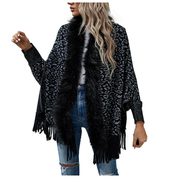 Lindreshi Sweaters for Women Trendy Women Fashion Casual Knitted Leopard Print Collar Tassels Sweater Long Sleeve Cardigan Tops