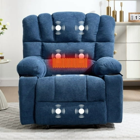 Massage Recliner Chair with Heating, 8-Point Vibration Recliner Sofa, Manual Handle Reclining Chair for Living Room, Blue