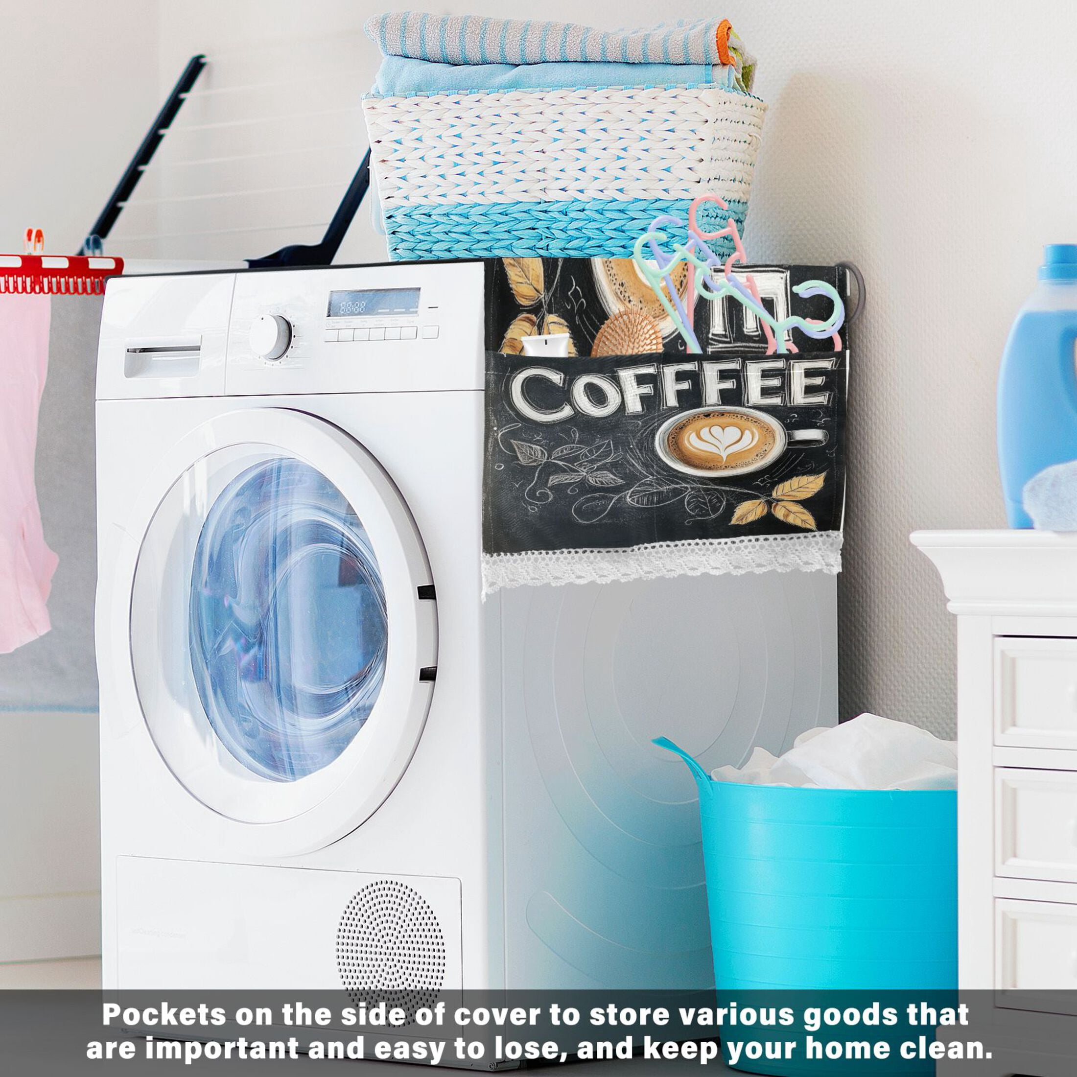 Coffee TimeWasher and Dryer Covers Dust-Proof and Oil Resistant Fridge Cover with 4 Storage Pockets Washing Machine Top Cover for Laundry Kitchen Home 51.2 x 22 In