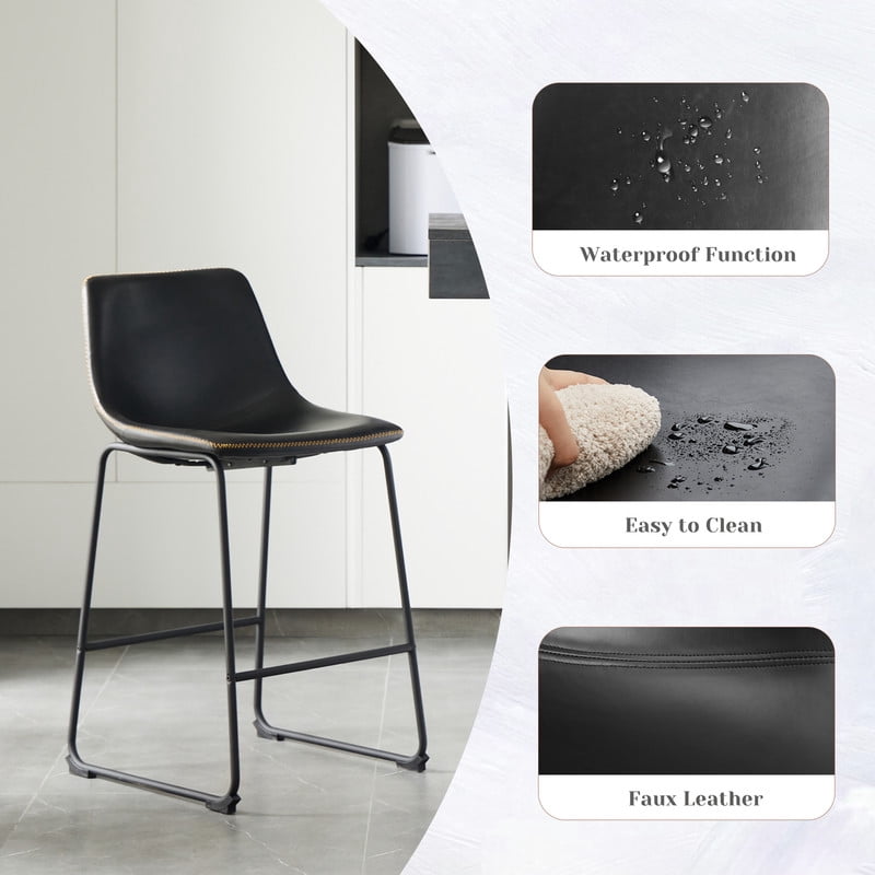 Gianna Counter Height Bar Stools Set of 2, Modern Faux Leather High Barstools with Back and Metal Leg, Bar Chairs for Kitchen Island, Black