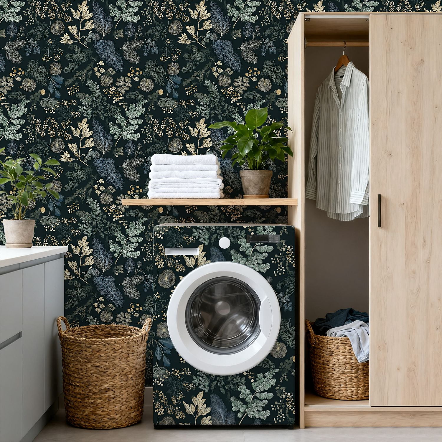 Woodland Peel and Stick Wallpaper 17.7in x 9.8ft Botanical Leaf Gold Accents Dark Green Contact Paper Vinyl Waterproof Self Adhesive Wall Paper for Bedroom Shelf Cabinet Renter Friendly