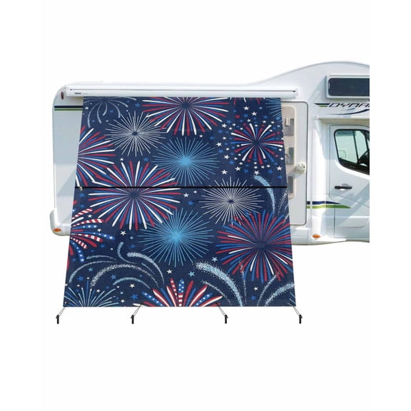 4th of July RV Awning Sun Shade Screen 9'X7' Red White Blue Fireworks Mesh Sunscreen Patriotic Bloom Awning Shade Screen with Zipper UV Blocker Completed Kits Outdoor Canopy for RV Motorhome Camper
