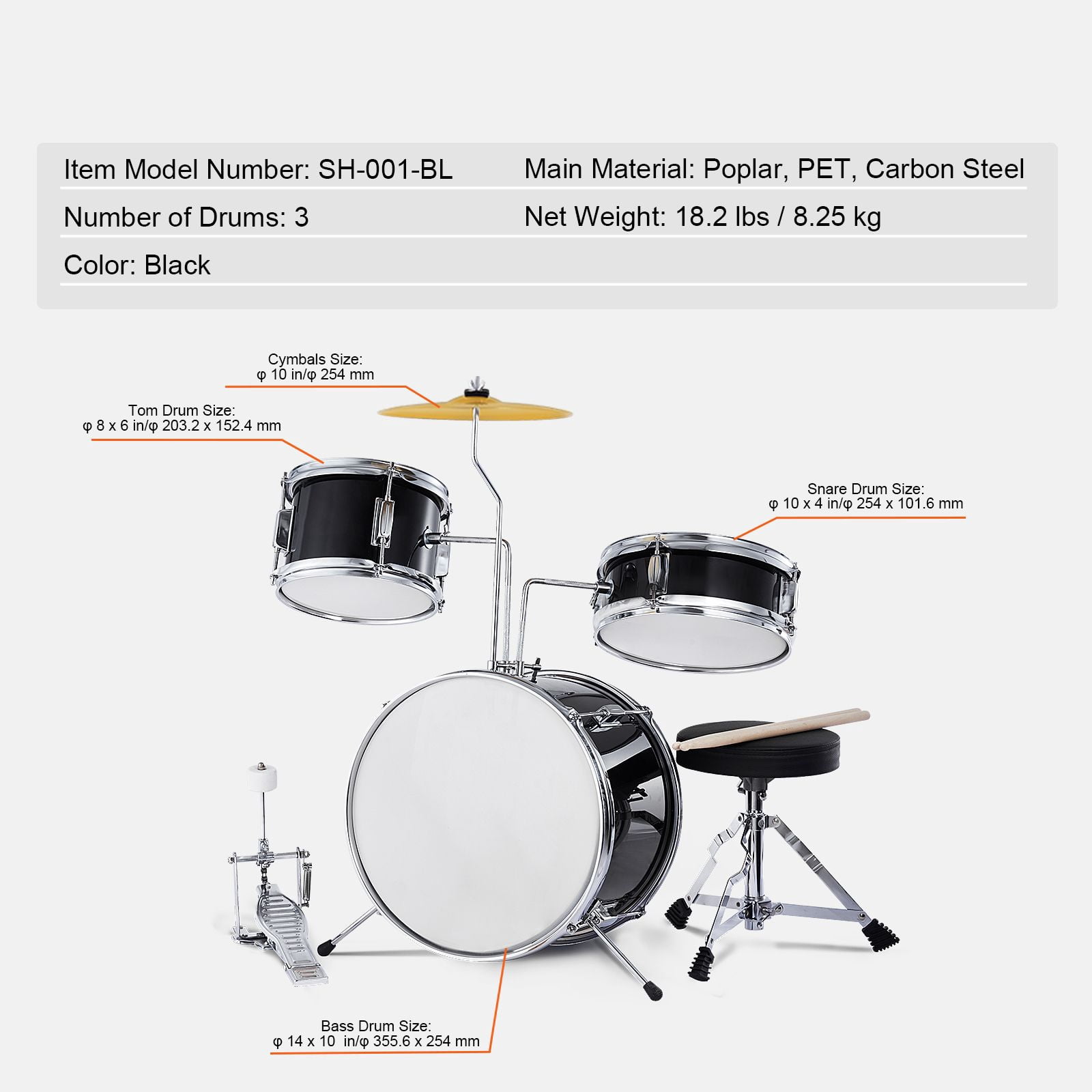 14" Drum Set, 3-Piece Beginner Kit with Adjustable Throne, Cymbal, Pedal&Drumsticks, Perfect Starter Drum Set for Children, Black
