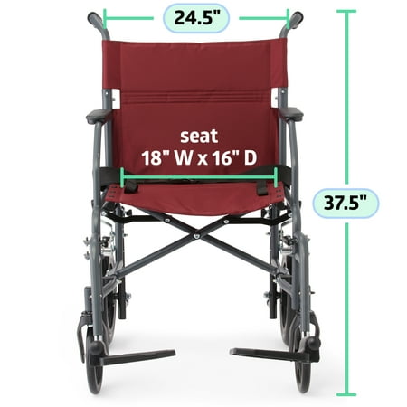 Medline Durable Folding Steel Transport Wheelchair with 12-Inch Wheels, 19-Inch Seat Width, Gray Frame, Microban, Burgundy Upholstery