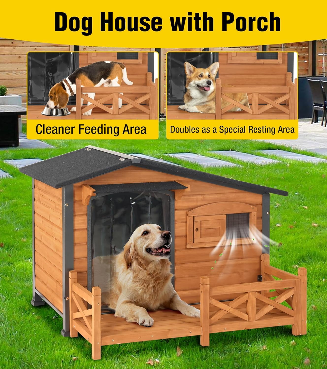 Aivituvin Dog House Outdoor with Anti-Chewing Metal Frame, Wooden Dog Kennel with Sliding Window, Detachable Floor, Weatherproof Roof - Natural