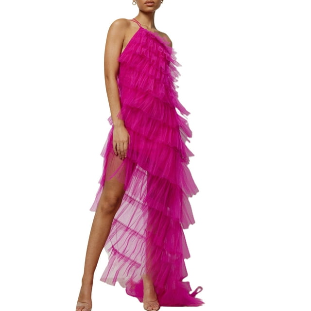 Gupgi Robe Sans Bretelles à Volants pour Femmes, Robe Longue Superposée Transparente Fendue, Robes Moulantes Froncées en Maille