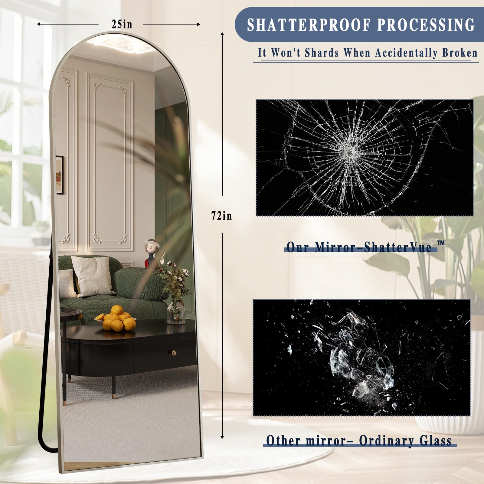 Anyrose 71.1"x26" Arched Floor Mirror with Stand Wall-Mounted, Silver
