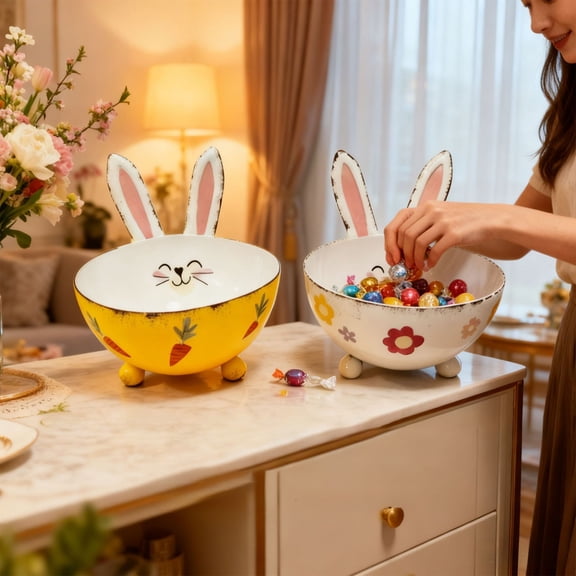 AYktou Easter Bunny Candy Dish, Rabbit Ears Shaped Decorative Metal Candy Bowls Large Capacity Storage Container Bowl Holiday Gift Serving Tray Fruit Bowl for Living Room Dining Table Supplies