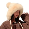 thumbnail image 3 of Women's Cute Winter Knit Hat, Plush Faux Fur Brim and Pom Pom, Tie String Ear Warmer Beanie, Cold Weather Fleece Lined Pullover Cap for Outdoor Beige, 3 of 4