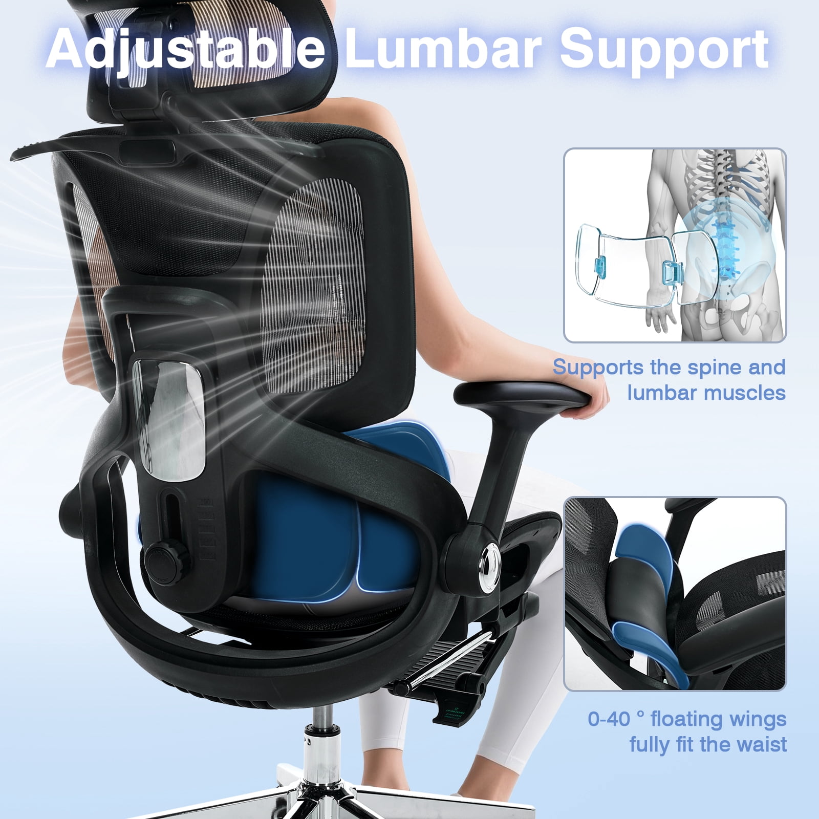 Czlolo High Back Ergonomic Mesh Office Chair with Footrest, 4D Armrests, Adjustable Lumbar Support, Black
