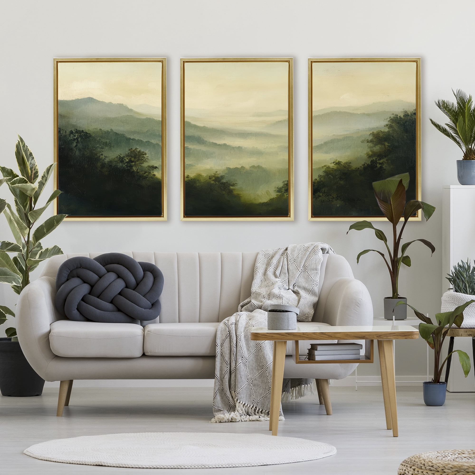 Stupell Industries Through The Haze Mountain Panorama 3 Piece Gold Framed Floater Canvas Set, design by Petal Prints Design