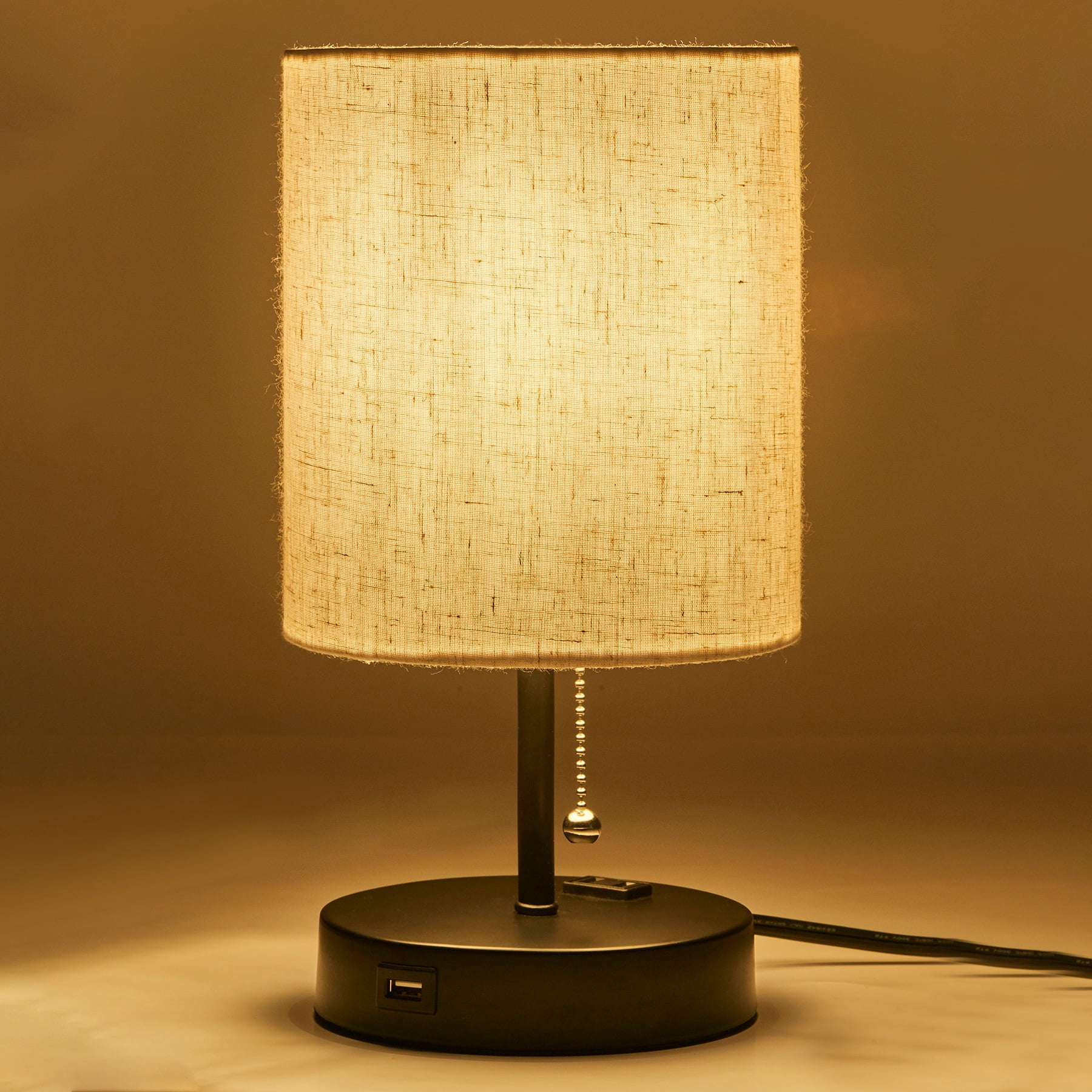 Wayshire Modern End Table and Side Table Lamp with USB Port & Outlet, Drum Shade, Black