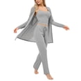 thumbnail image 2 of Warop Women's Solid Color Pajama Set, Casual Loose Fit 3-Piece Cotton Sleepwear for Home and Lounging, 2 of 5