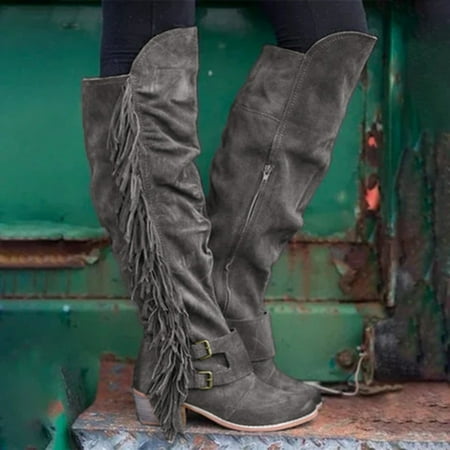 

Feiboyy Boots For Women Casual Retro Fringe Over The Knee Long Boots Square Heels Shoes