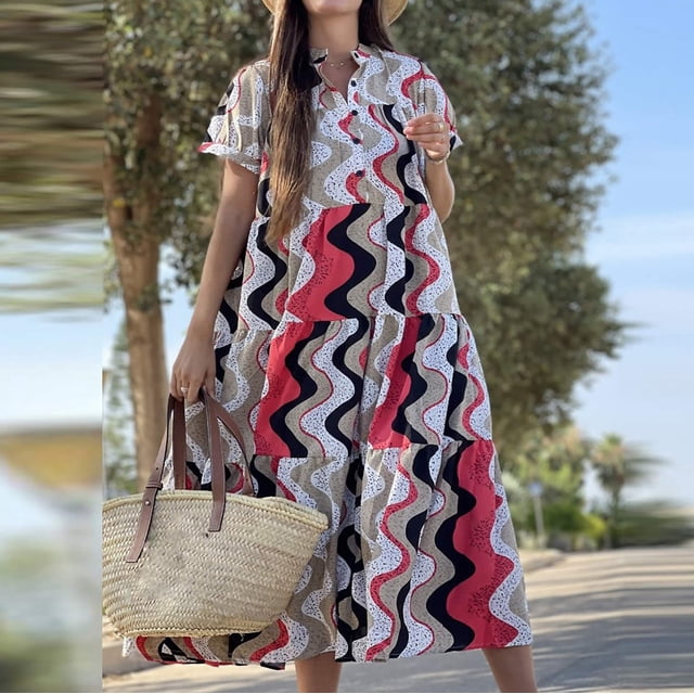 Mefallenssiah Femmes Mode Vacances d'Été Impression Col Rond Bouton Manches Courtes Robe en Vrac